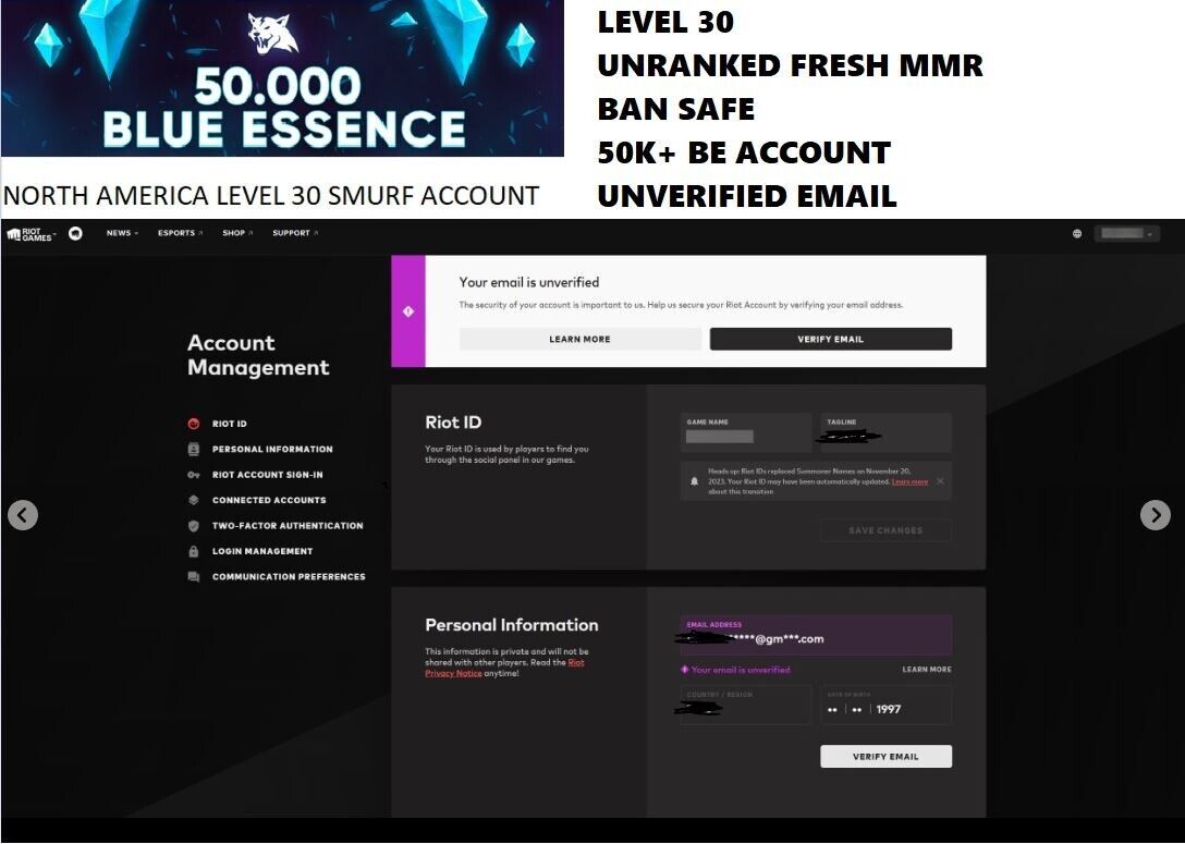 NA 50k+ BE Unranked LoL Fresh Account League of Legends lvl 30 Smurf Safe MMR