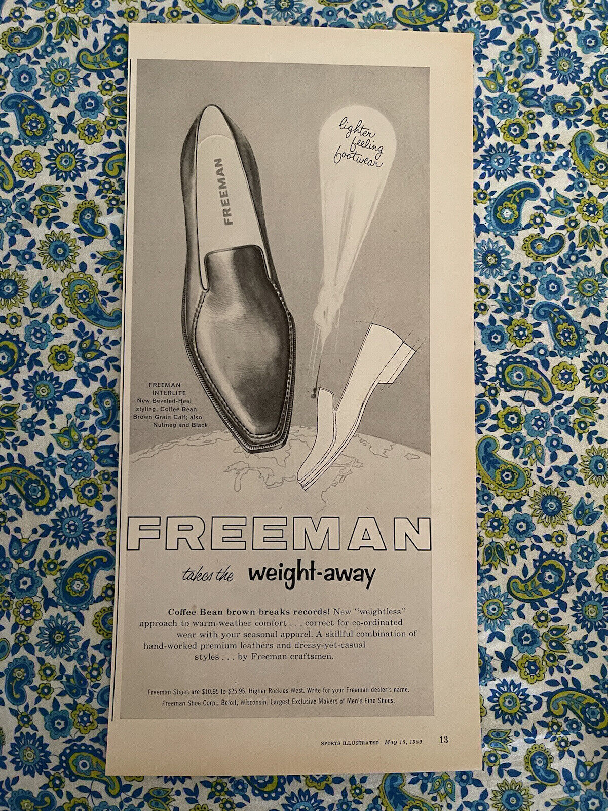 Vintage 1959 Freeman Shoes Print Ad Coffee Bean Brown Lighter Feeling Footwear
