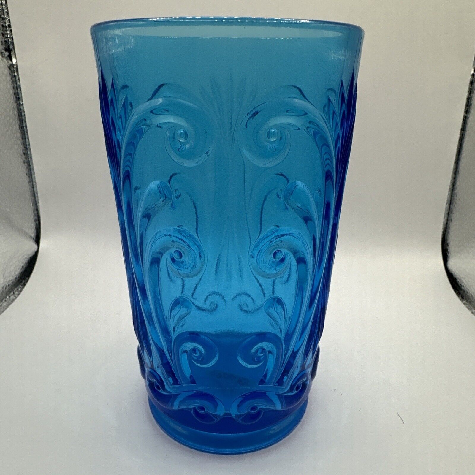 Imperial Cerulean Blue Pressed Glass Water Tumbler Scroll 090695