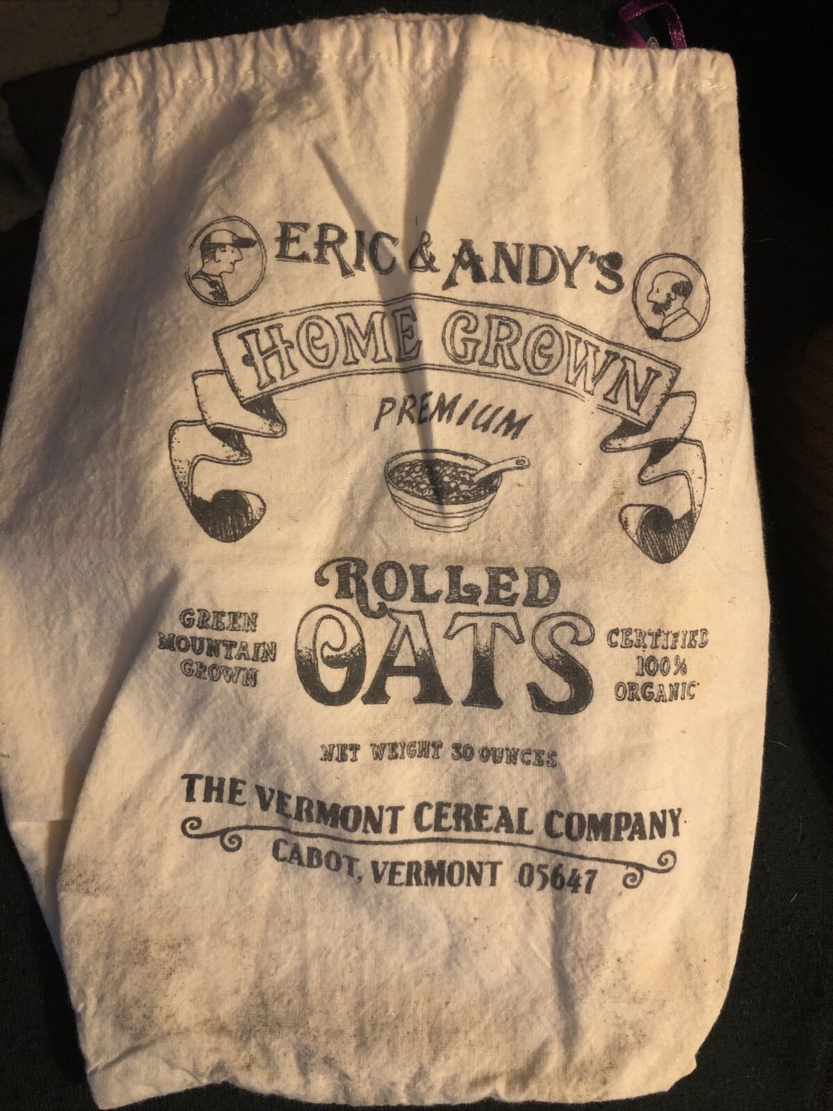 Eric And Andy’s Homegrown Rolled Oats, Small Burlap Bag, Green Mountain, Vermont