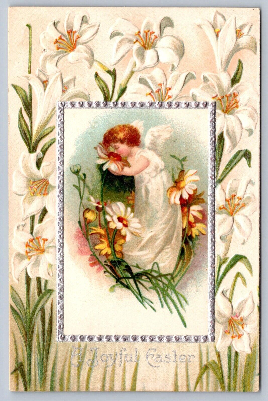 1909 postcard ELLEN CLAPSADDLE EASTER angel/embossed lilies/daisies