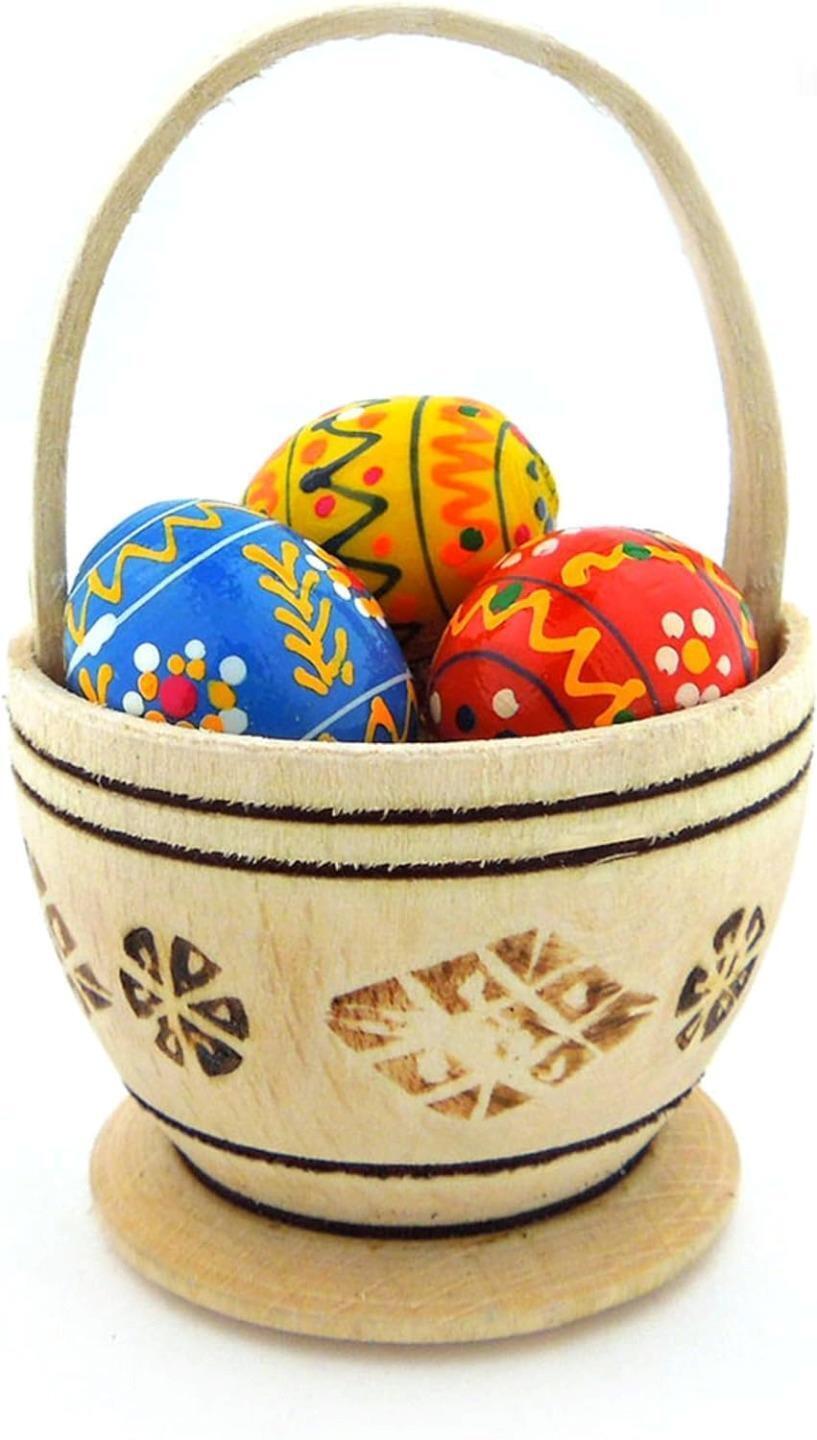 Miniature Assorted Painted Wood Easter Pysanky Eggs in Mini Basket 2.75 In