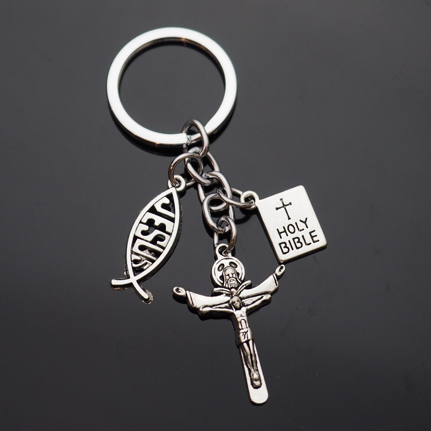 Jesus on the Cross Fish Christian Holy Bible Charms Keychain Gift Key Chain Ring