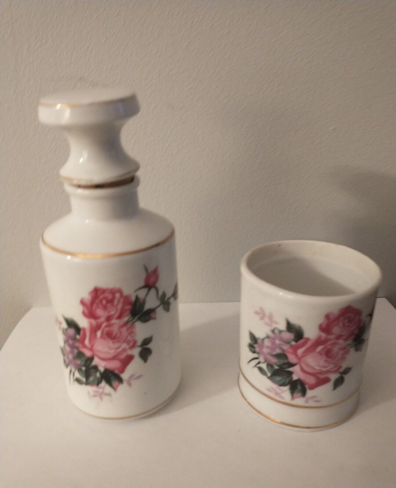 Vintage Porcelain Moss  Rose  Perfume Bottle With Cork Top + Matching Glass.