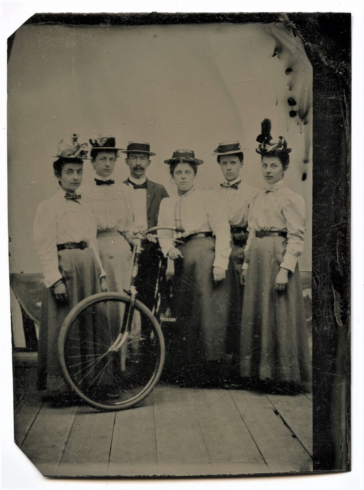Five Victorian Women and Man with Bicycle, Vintage  Original Tintype Photo