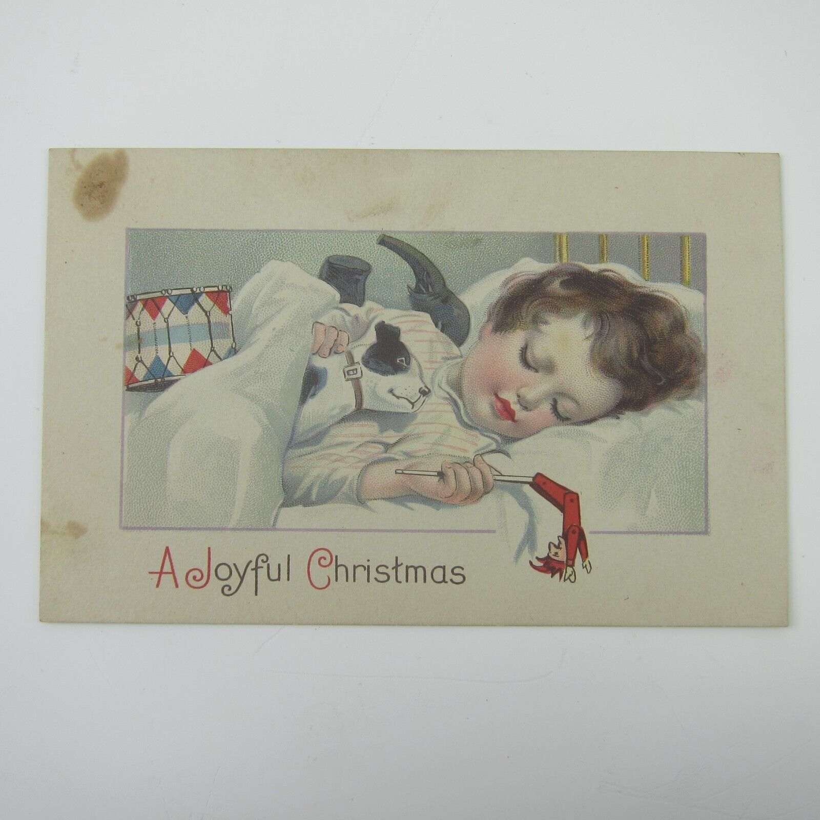 Christmas Postcard Child Sleeps with Toys Fox Terrier Jack Russell Dog Antique
