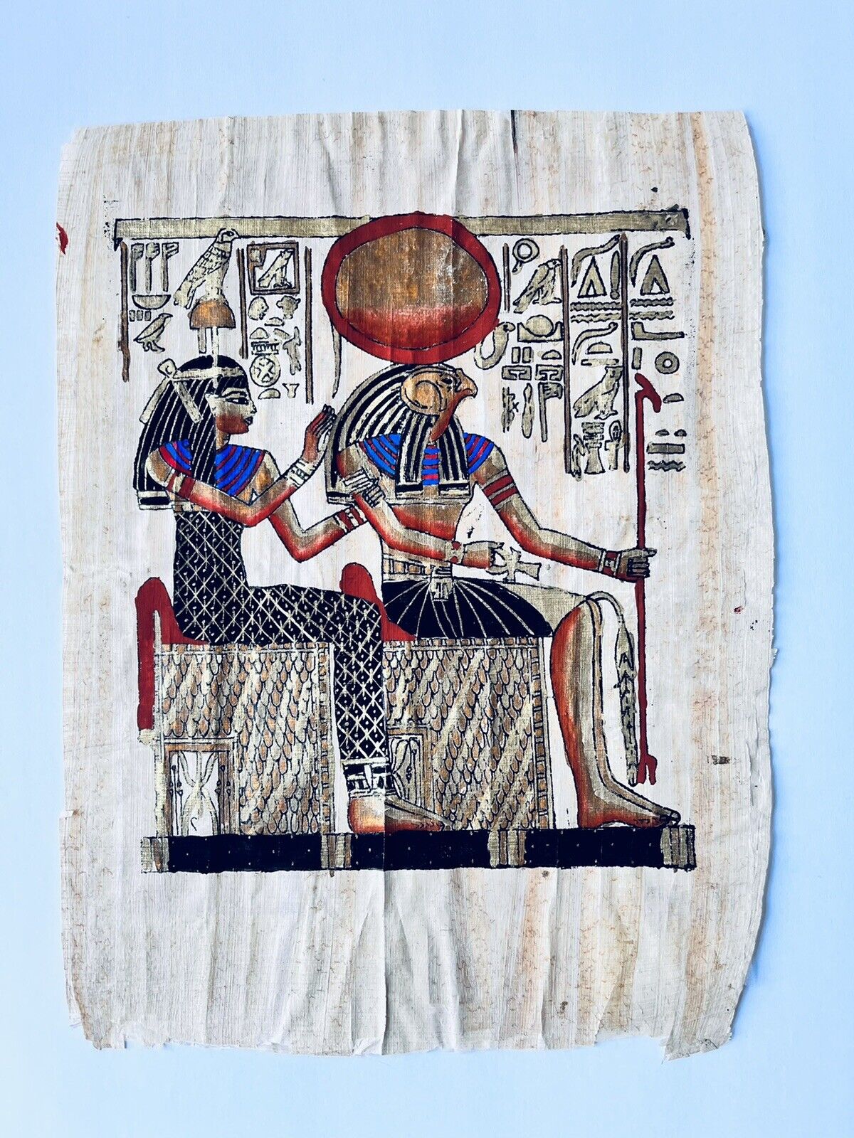 King Tutankhamun and Queen Ankhesenamun on Egyptian Papyrus 12x8