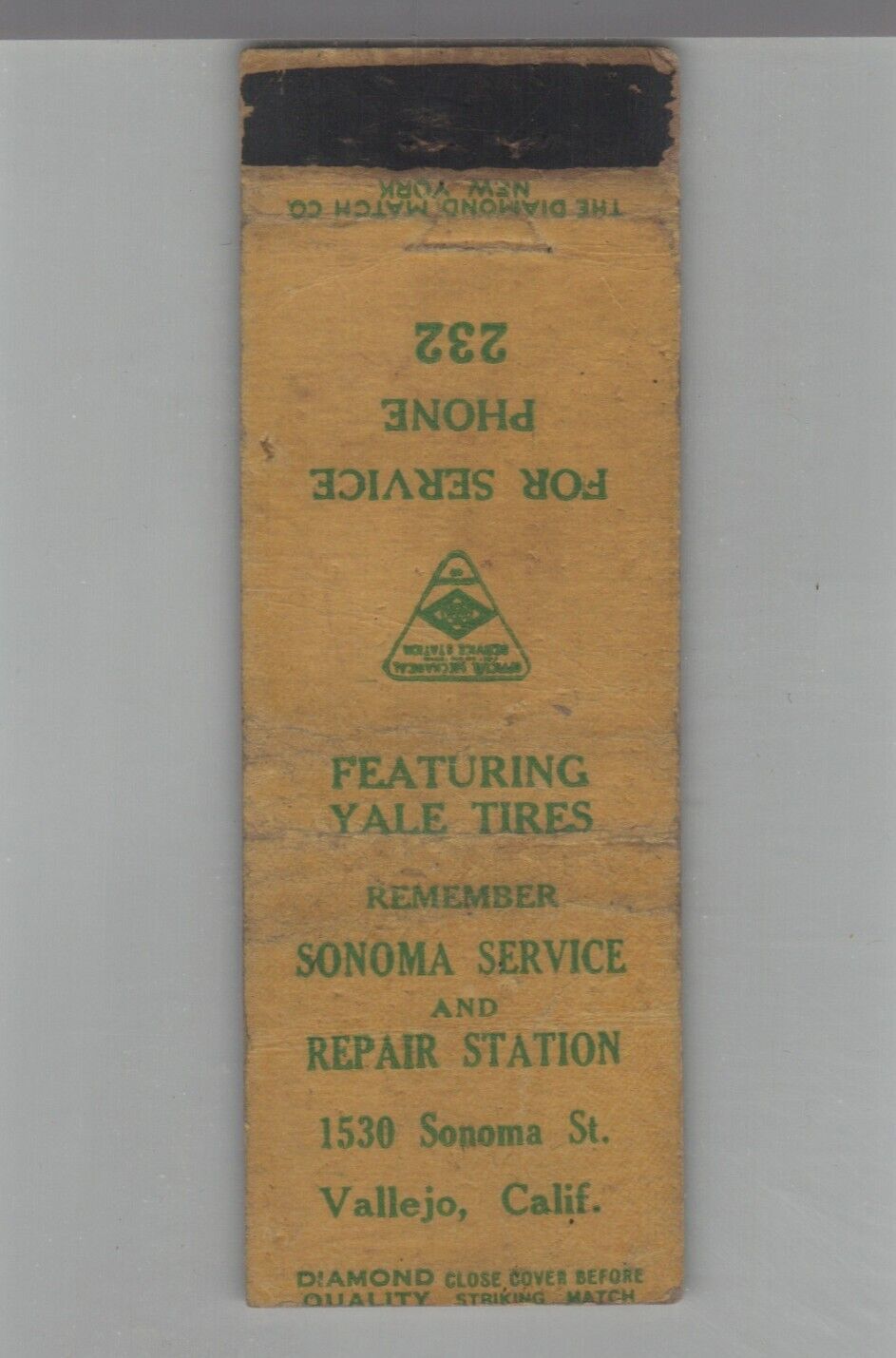 1930s Matchbook Cover Diamond Quality Yale Tires Sonoma Service Vallejo CA