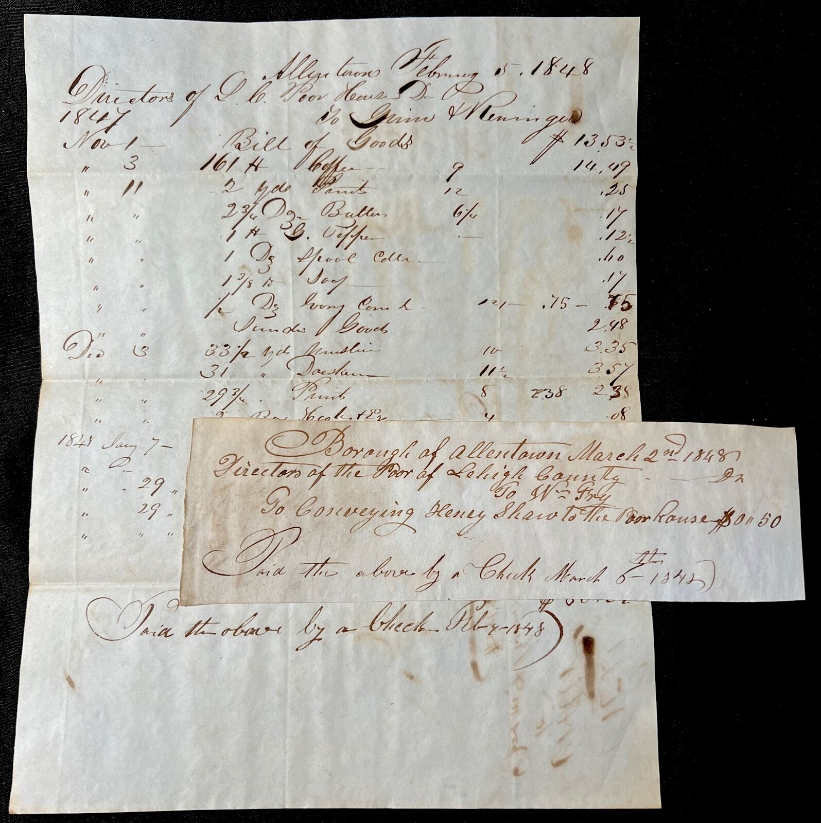 2 Antique 1848 Poor House Bill of Goods ALLENTOWN PA Hand Written Documents