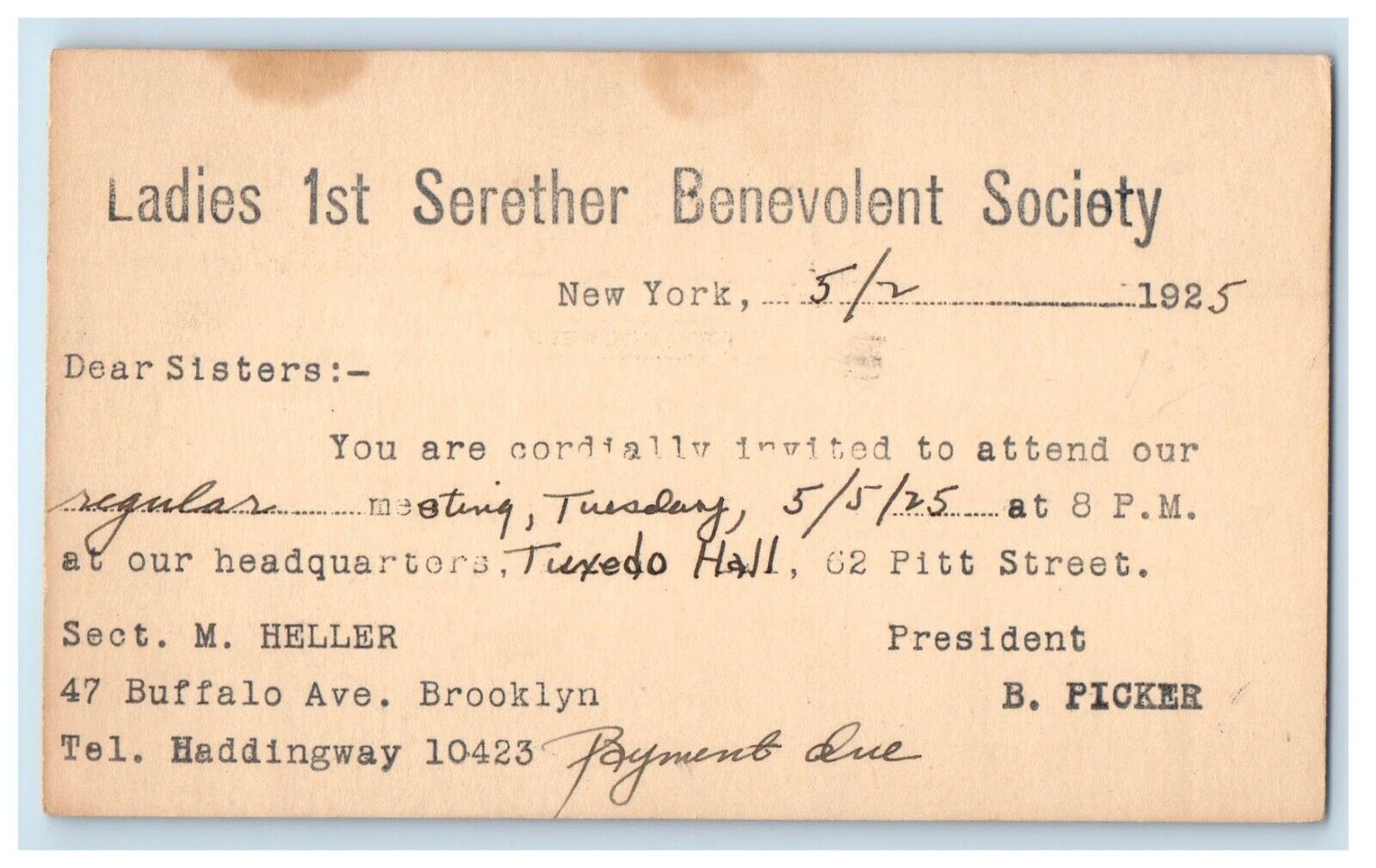 1925 Ladies 1ST Serether Benevolent Society Brooklyn NY Advertising Postcard