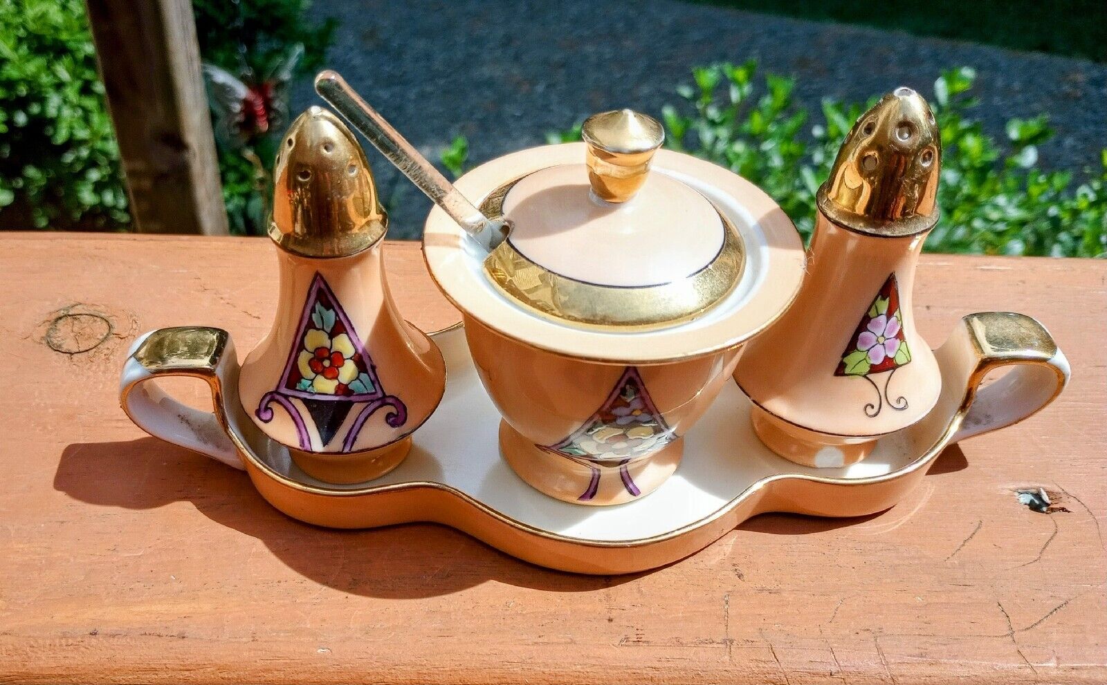 Antique Noritake Porcelain Art Deco 2 Shakers, Mustard Pot, Tray, Spoon *Estate*
