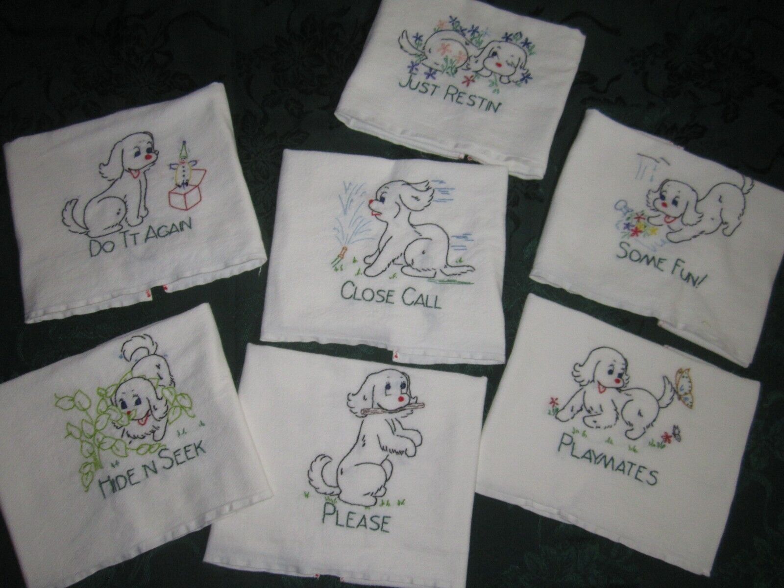 Lot 7 Vintage Cotton Handmade Embroidered Tea Towels-Dog Play Fun Whimsical
