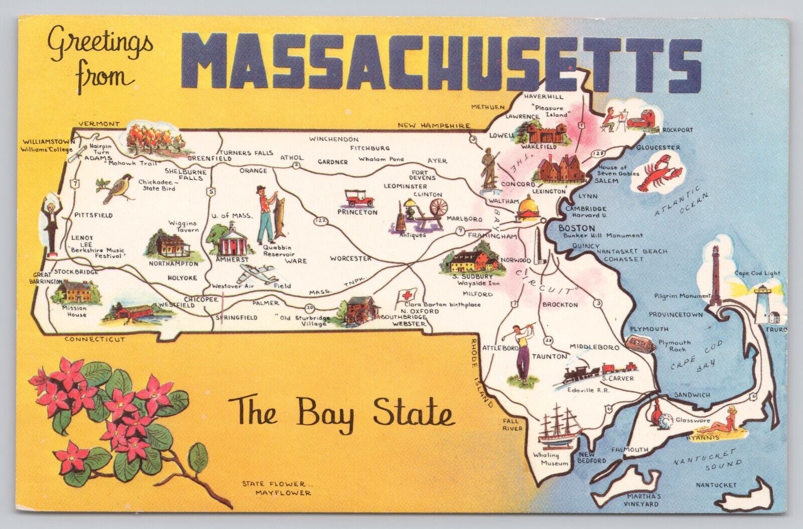 Massachusetts State Pictoral Map, Landmarks & Attractions, Vintage Postcard