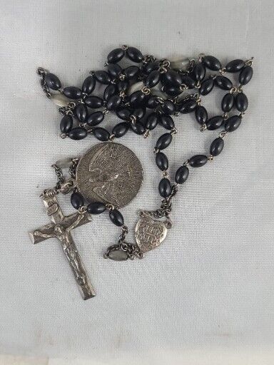 21 Inch Sterling HMH Crucifix Pearl Black Rosary Bead Come Holy Ghost Medal