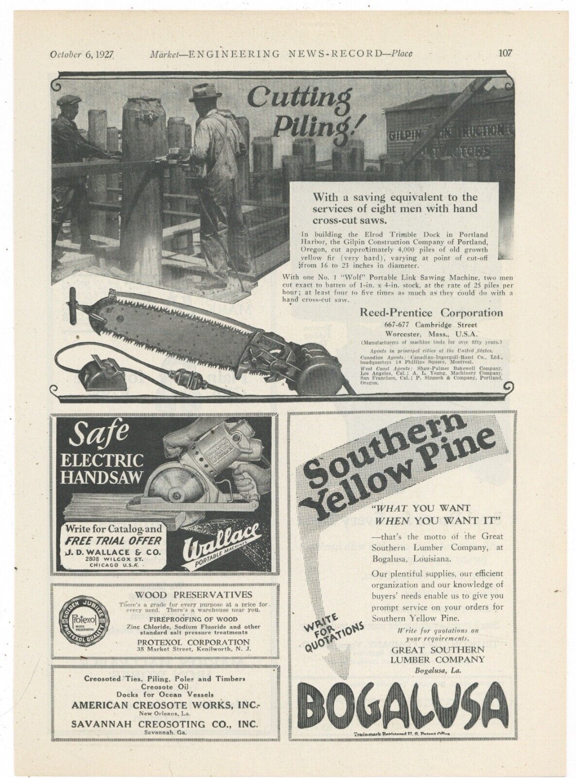 1927 Reed Prentice Ad: Elrod Trimble Dock in Portland, Oregon w/ Wolf No. 1 Saw