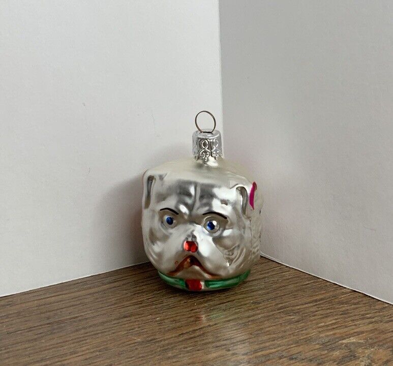 Vintage Inge Germany Glass Hand Painted Dog Owl Cat 3 Face Christmas Ornament