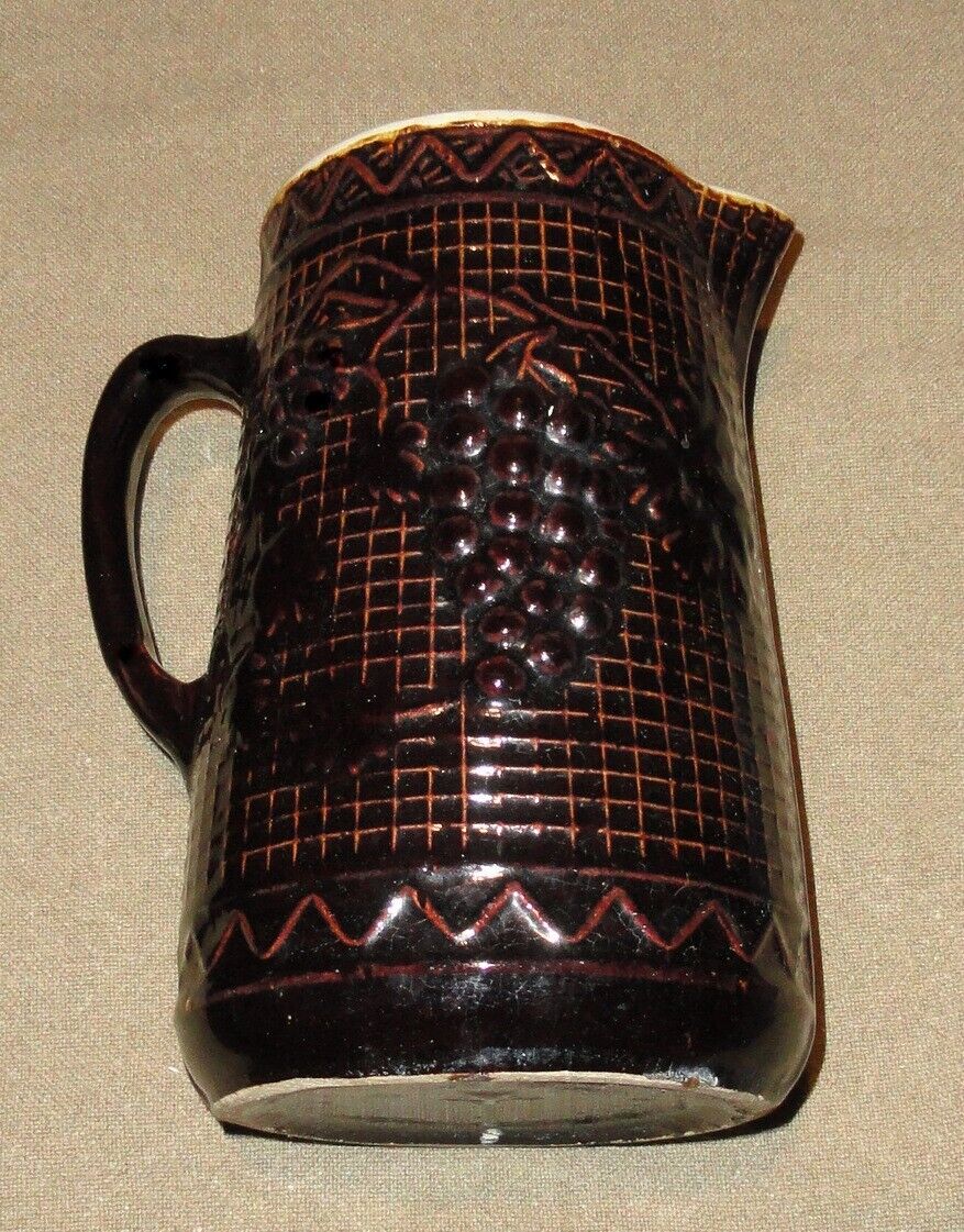 Antique North Star Stoneware Crock Pottery Brown Glaze Pitcher Raised Grape Vine