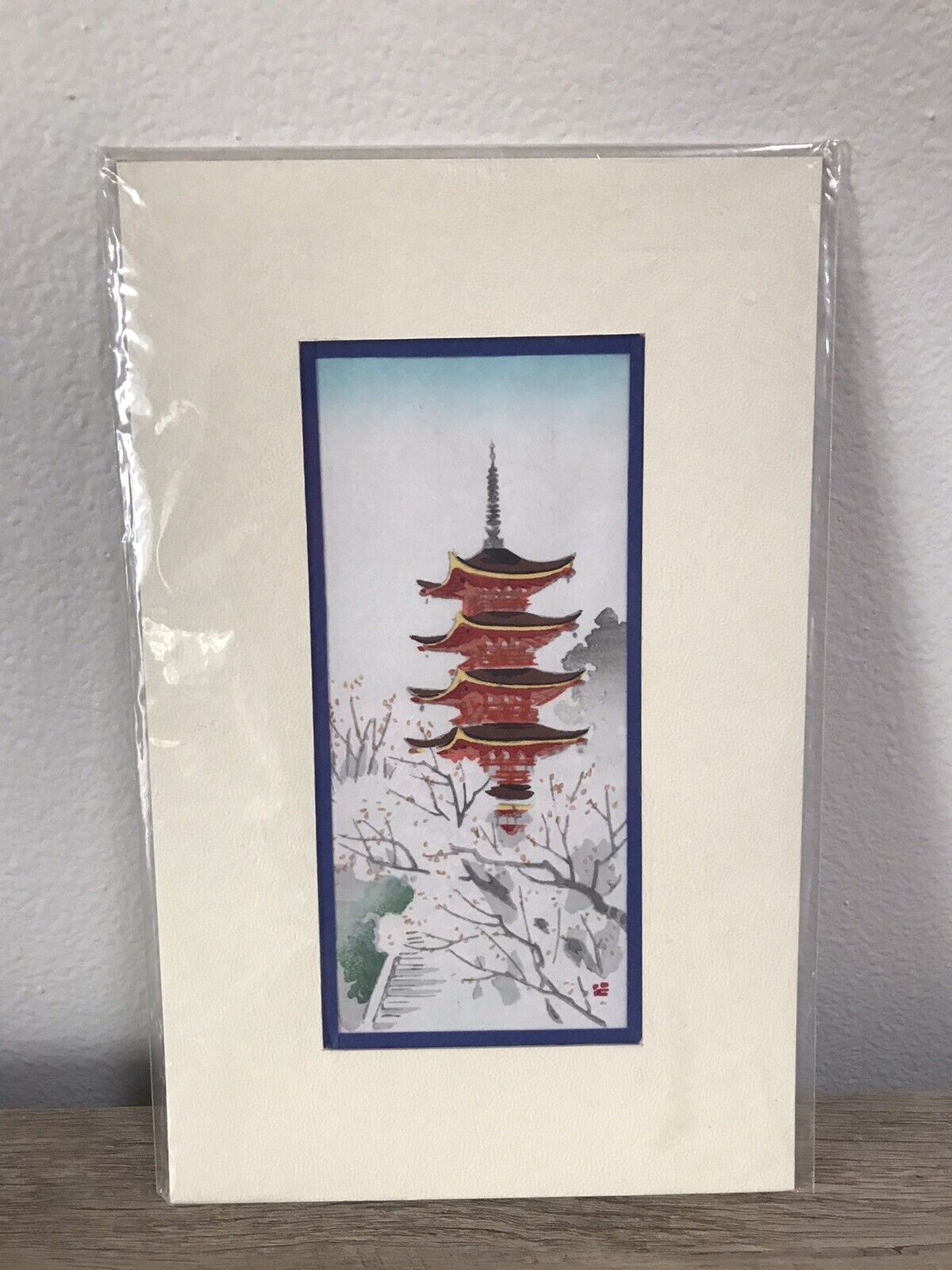 Japanese Handmade Wood Block Print Art Of A Pagoda Mat 11.25” x 7”