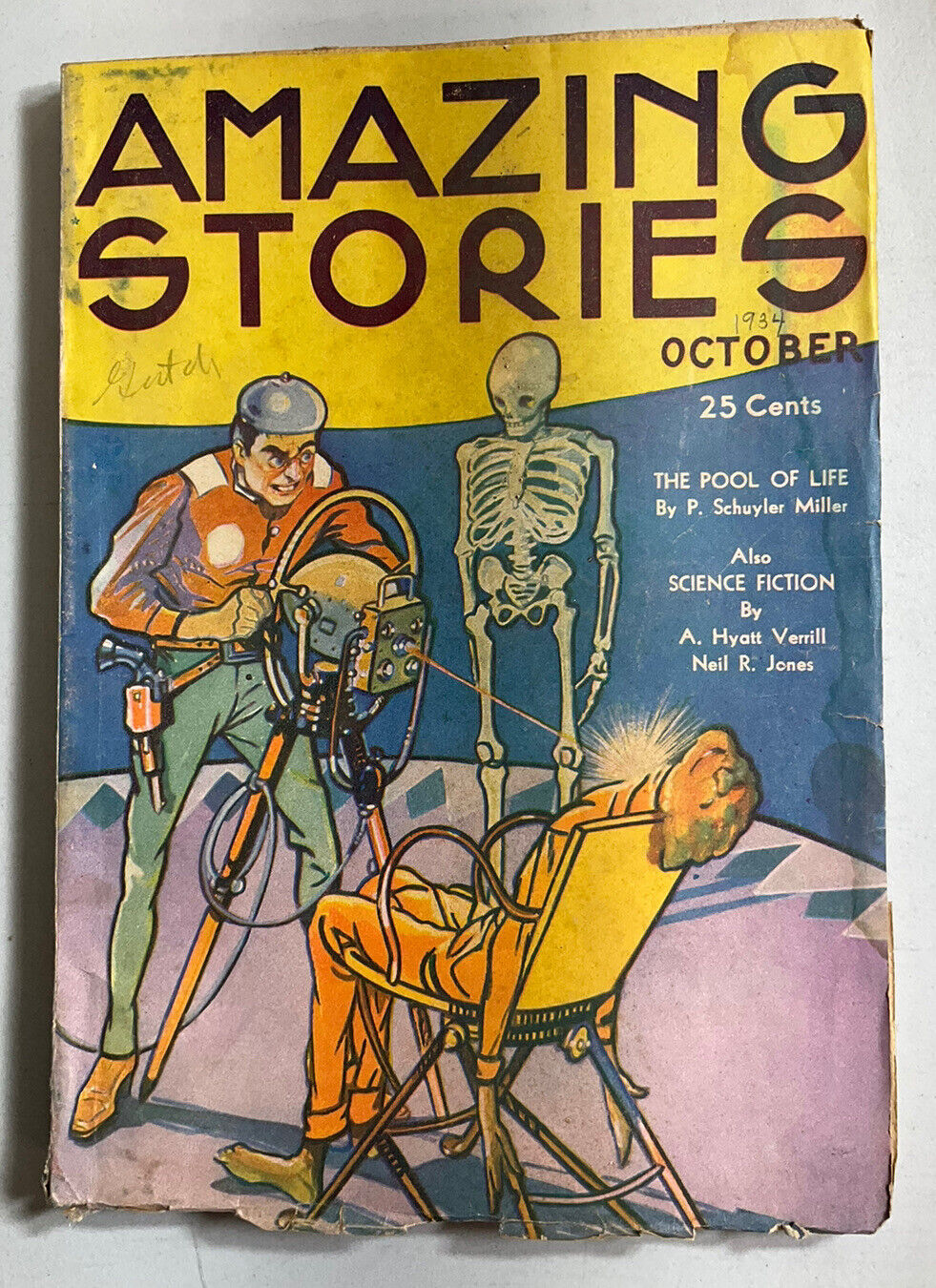 Amazing Stories Pulp Magazine -  October 1934 -Rare Skeleton Torture Cover