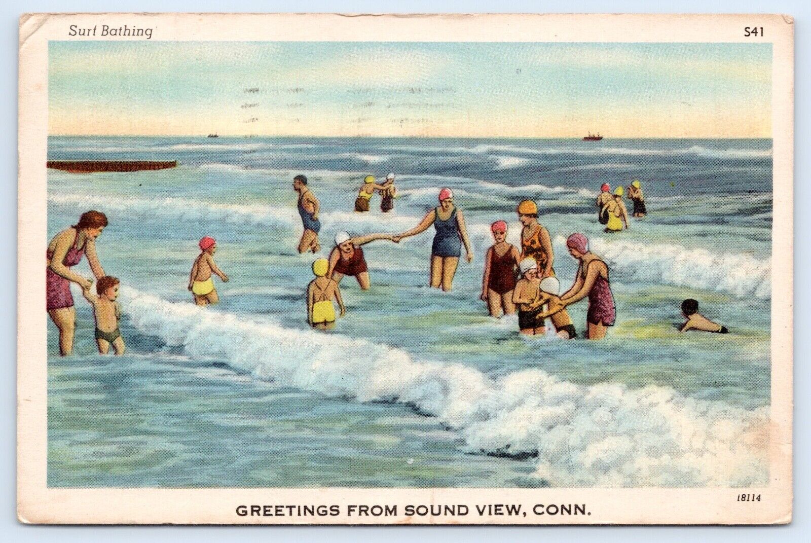 c1949 Greetings From Sound View Connecticut CT Vintage Beach Scene Postcard