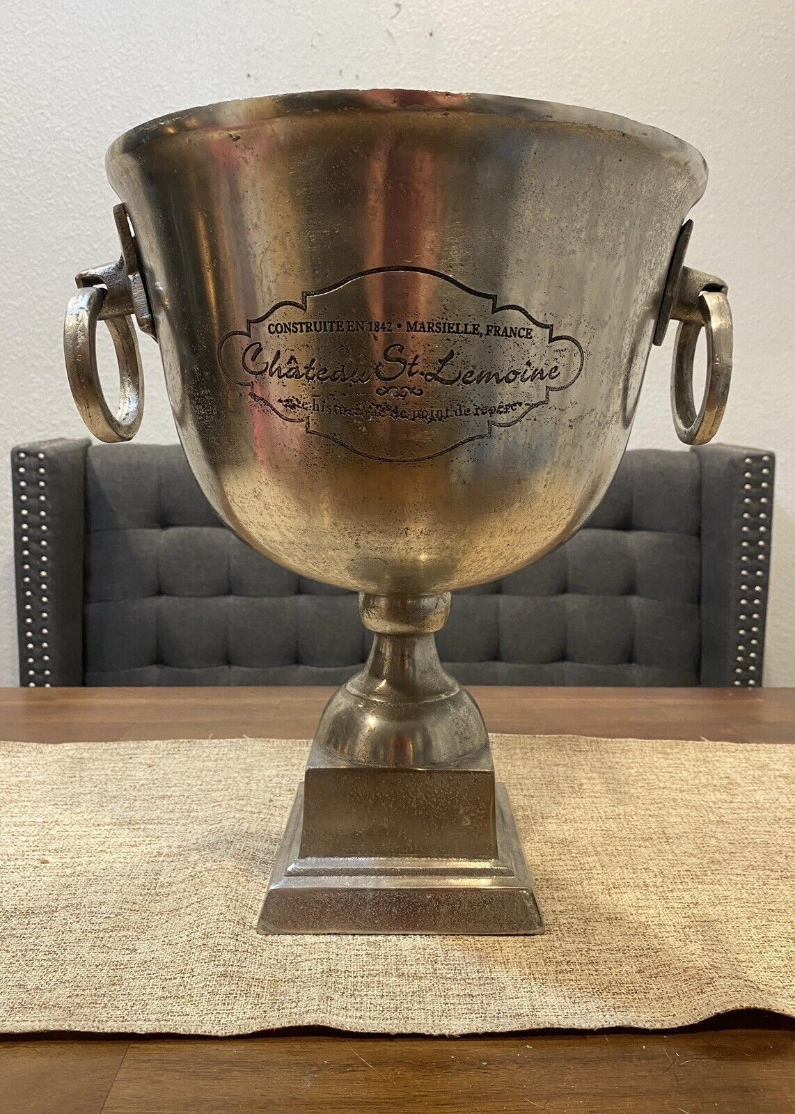 Vintage Chateau St Lemoine Champagne Trophy Bucket Pedestal Aluminum Wine Cooler