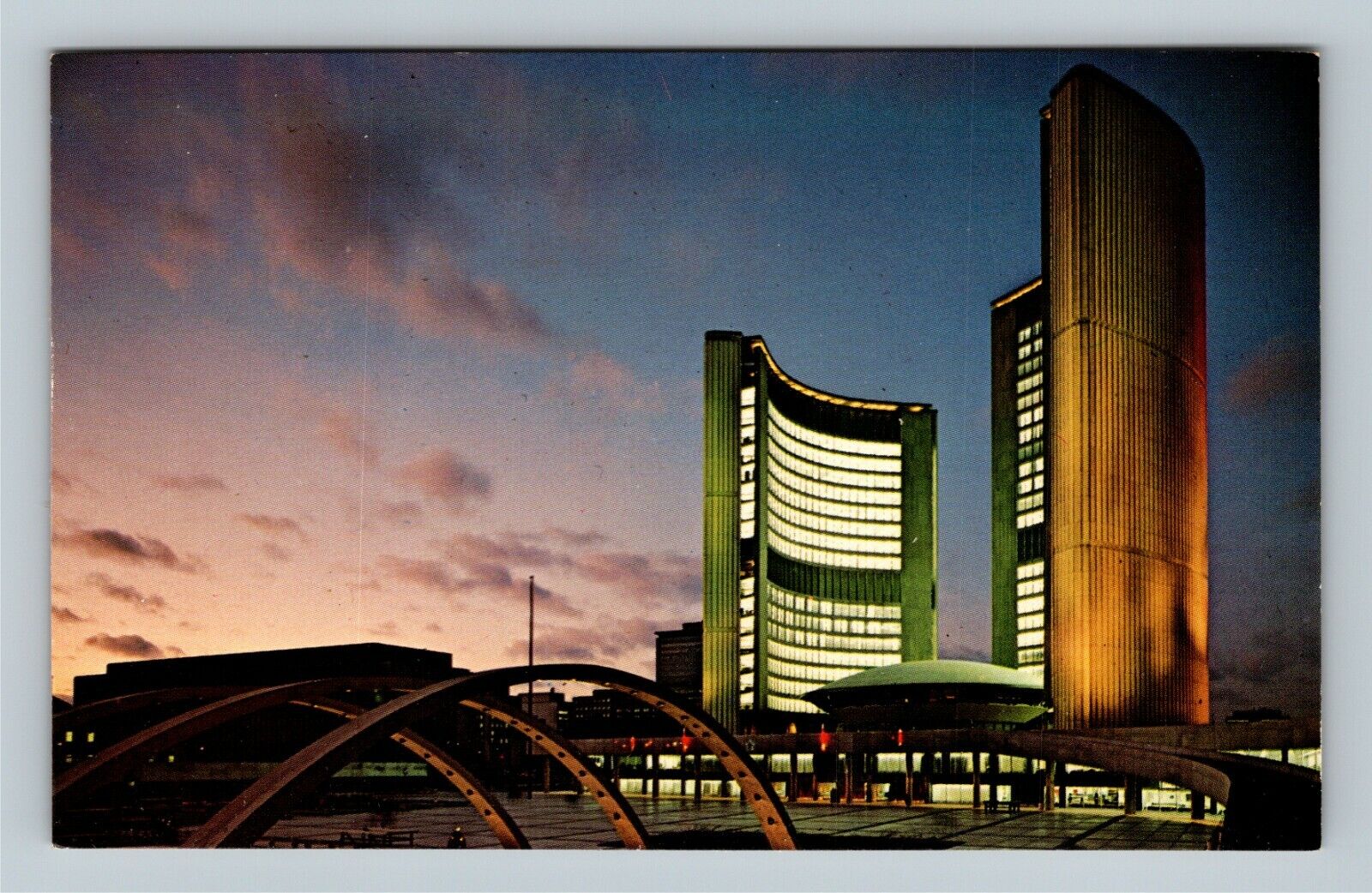Toronto Ontario City Hall Illuminated, Phillips Square Vintage Canada Postcard  