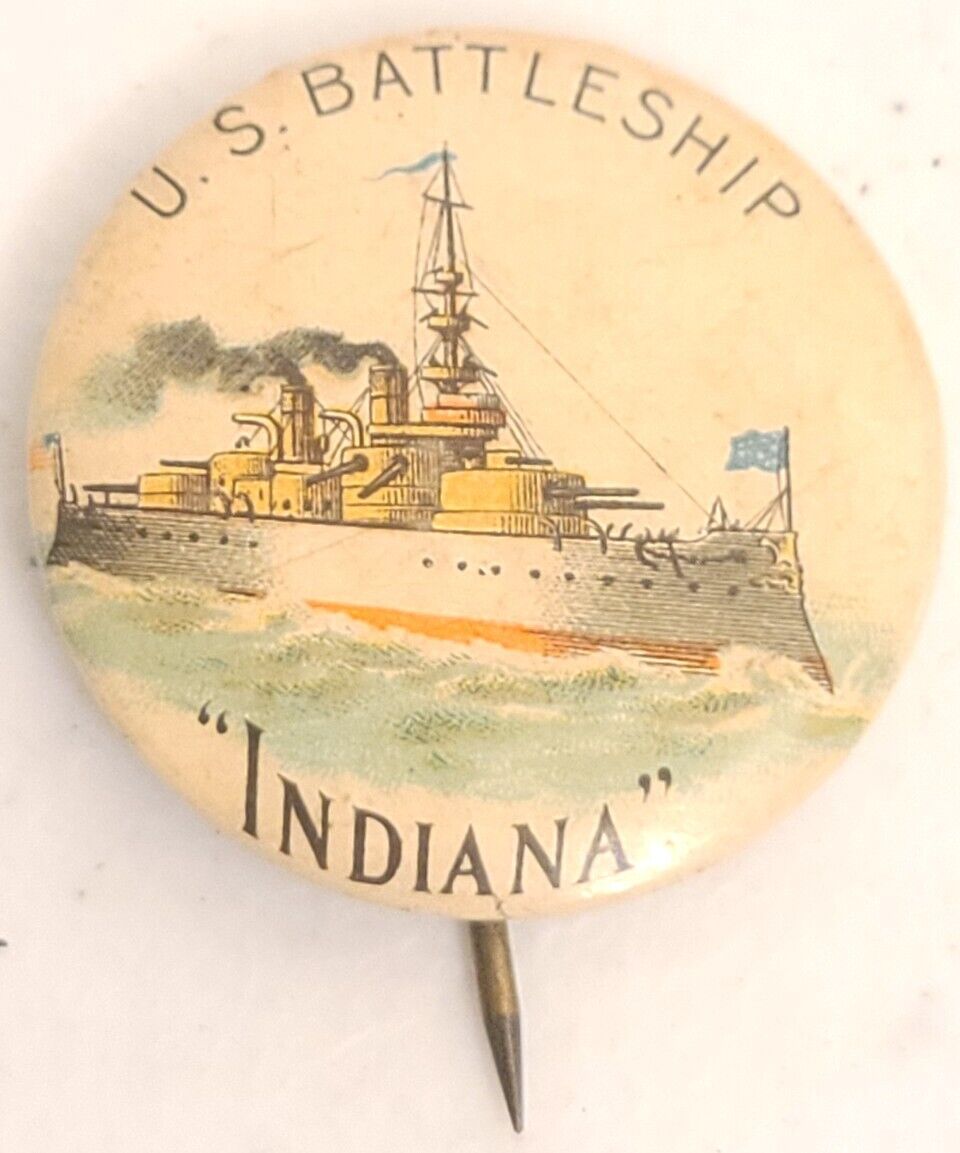 CELLULOID U.S. BATTLESHIP INDIANA PIN PINBACK Vintage PRE-WW2 WWII US NAVY 