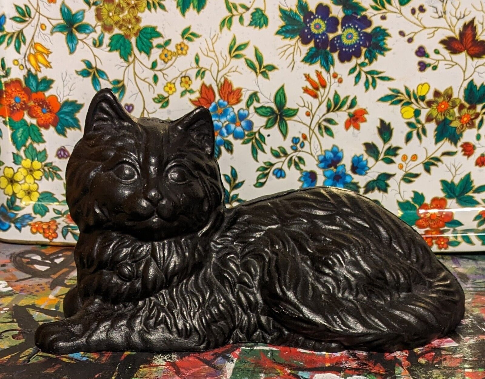 Vintage Black Cat Doorstop Hubley Style Cast Iron Heavy Lounging Black Kitty 