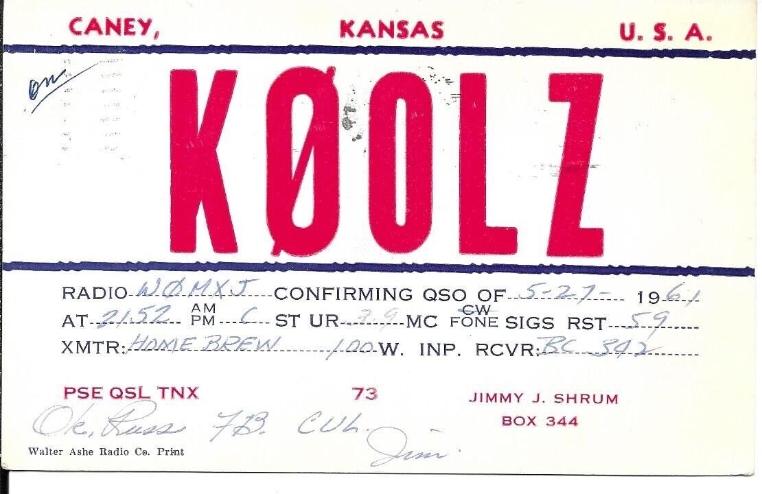 QSL 1961 Caney Kansas    radio card
