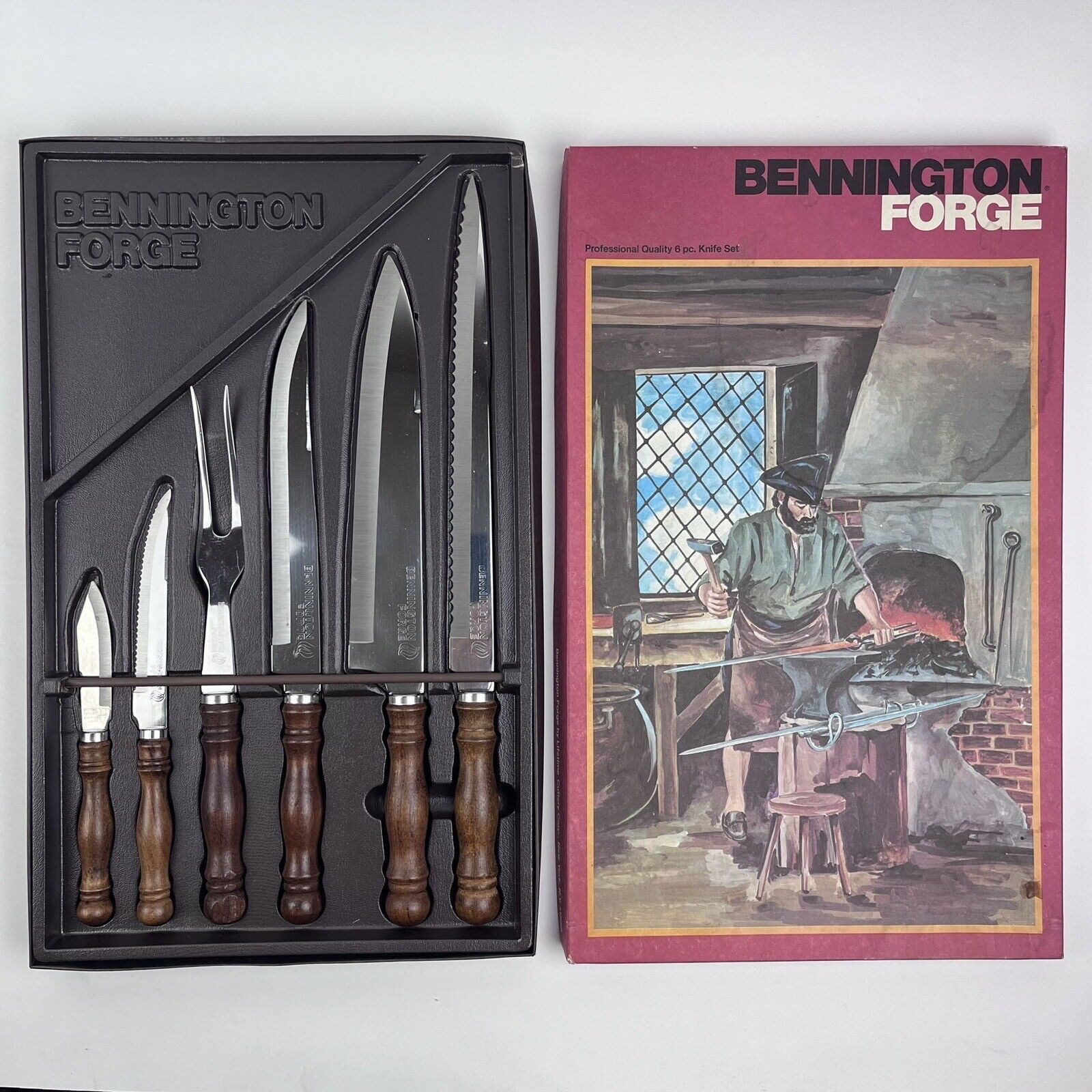 Vintage BENNINGTON FORGE 6 pc KNIVE Set Solid Stainless Steel #CB6-4 Carving