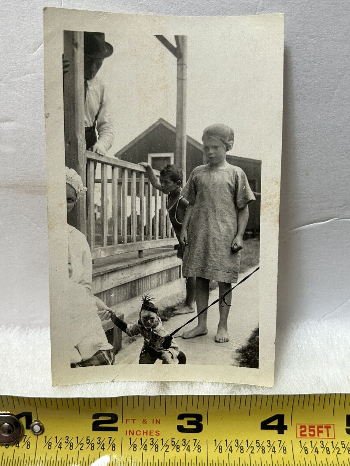 Rare Antique Photo Snapshot Of Family With Little Dressed Monkey On Leash 
