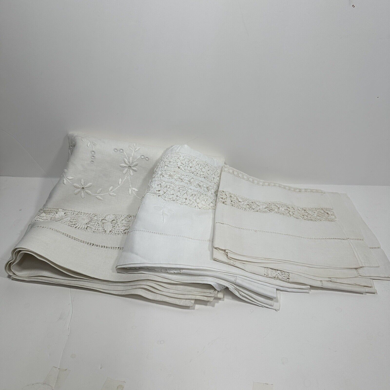 3 Antique vintage linen squares Tablecloth Napkin Doily