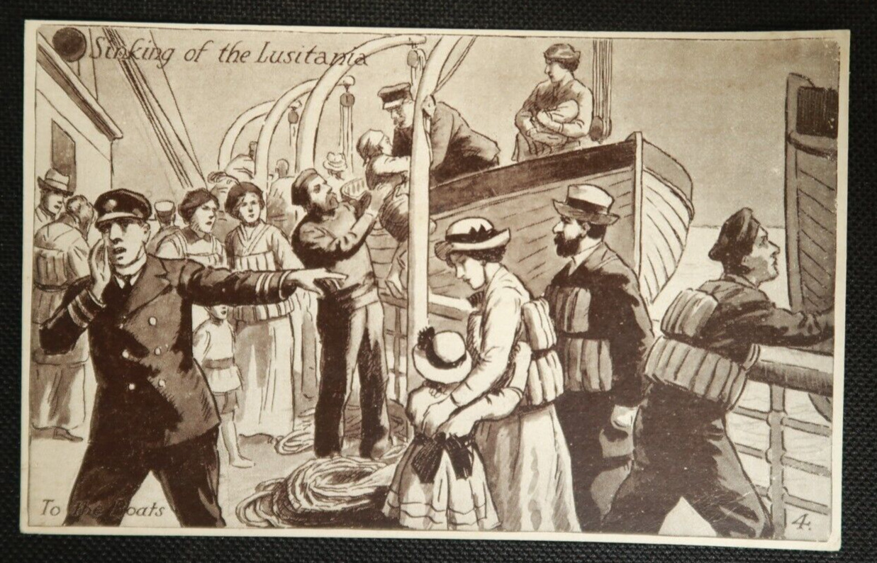 Sinking of the Lusitania TO The Boats Postcard Steamship Illustrated British