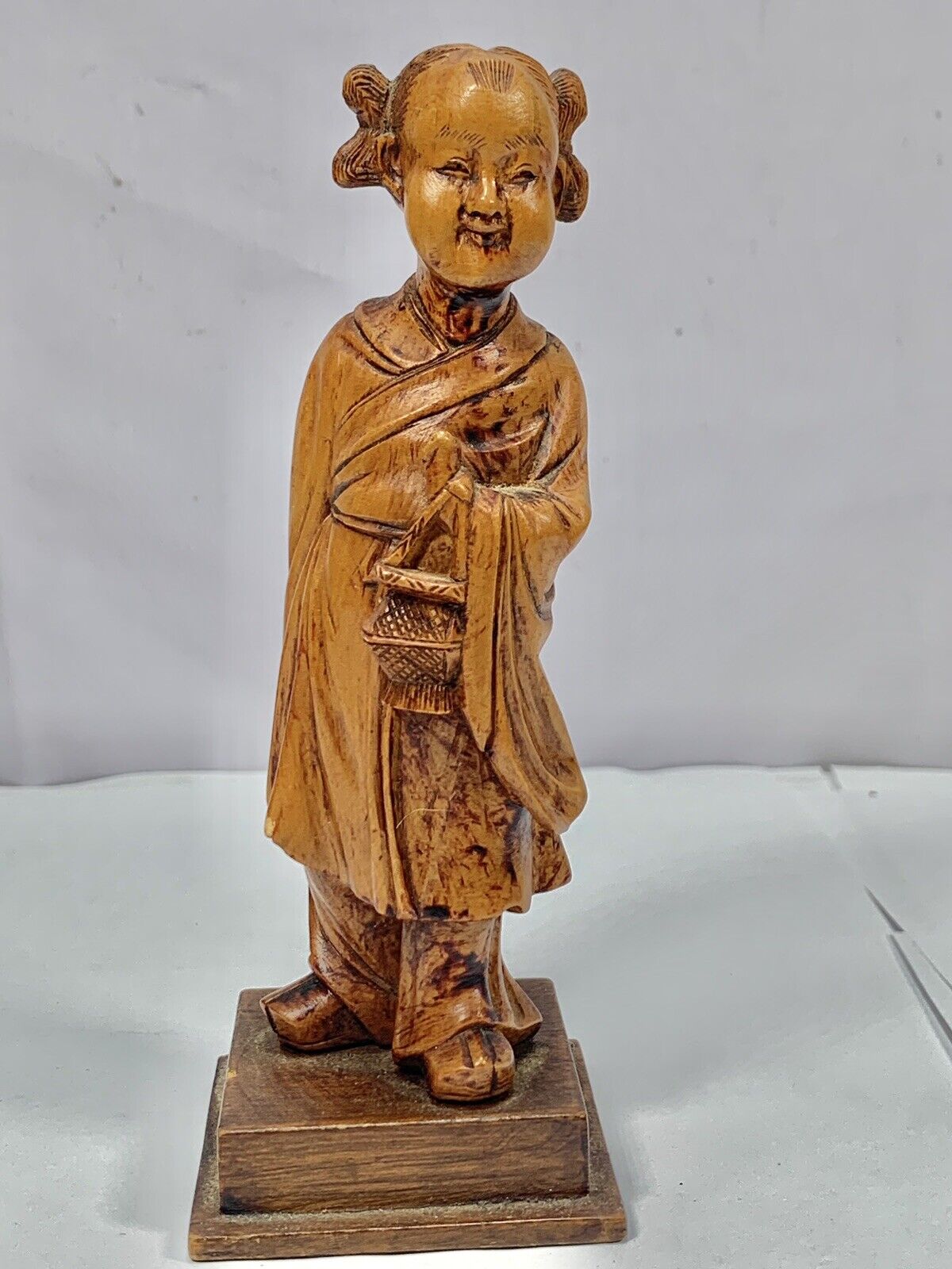 Chinese Boxwood Figure Of Lan Cai he 