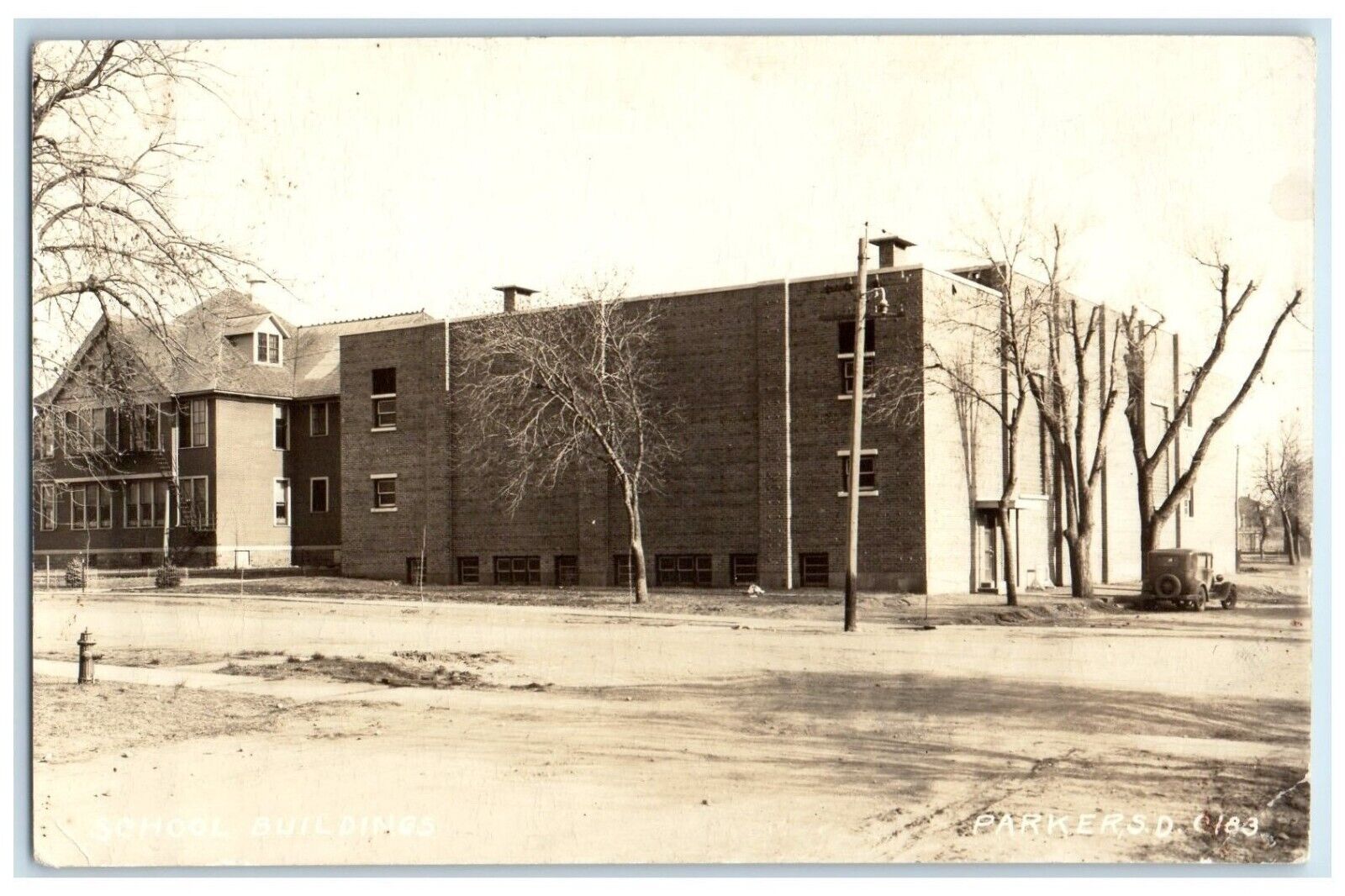 1941 School Building Car Scene Parkers South Dakota SD PPC Photo Posted Postcard