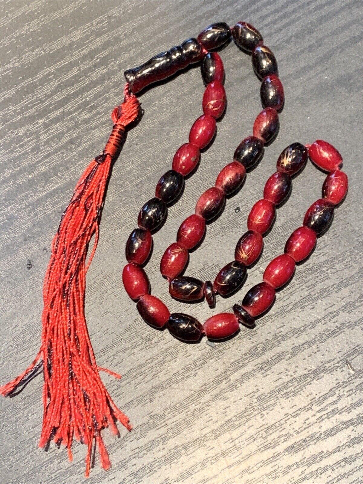 Vintage Red Glass Mala Tibetan Prayer Beads W/ Tassel Gold Glass Inlay 33 Bead
