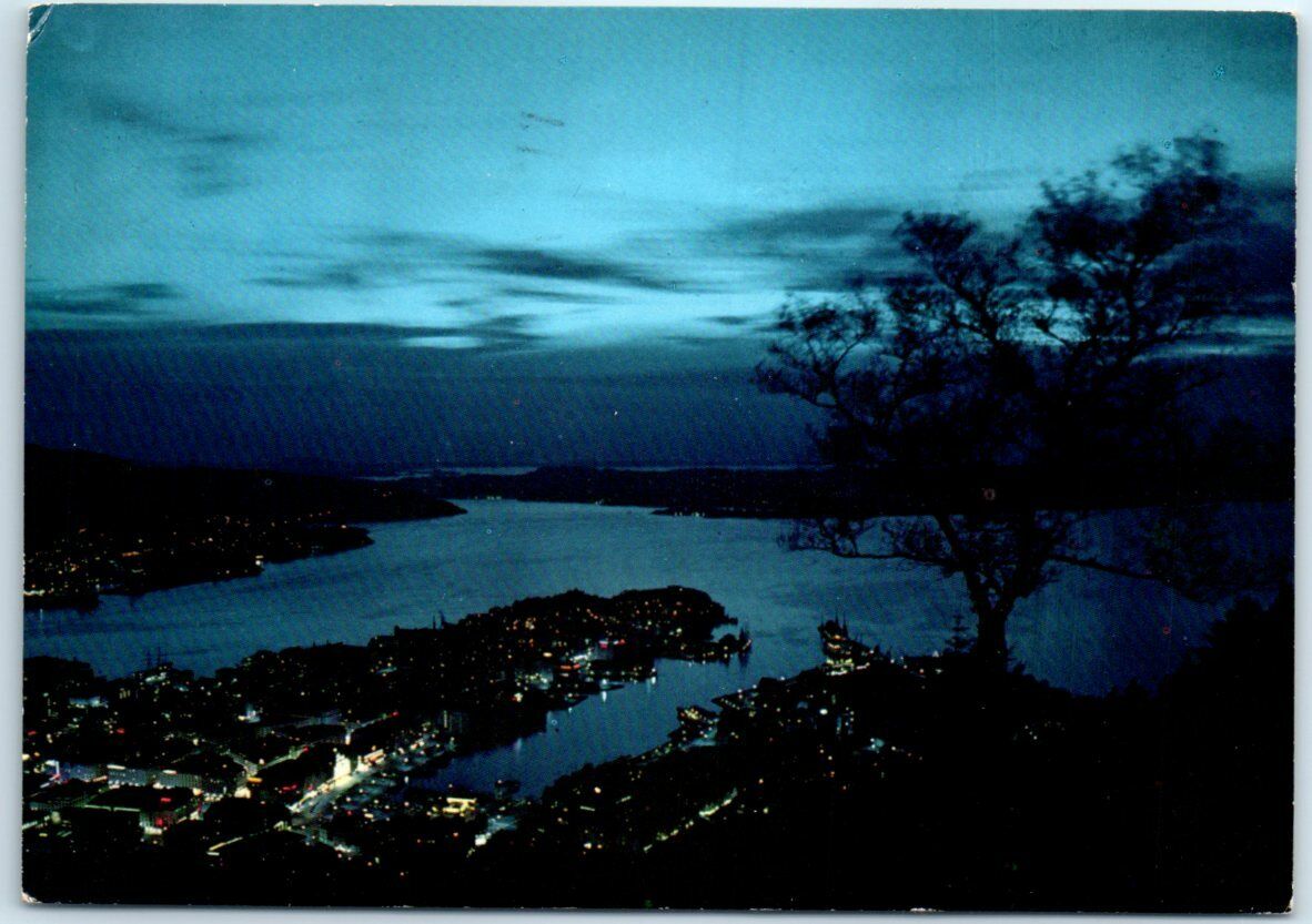 Postcard - View at the town by night, Norway