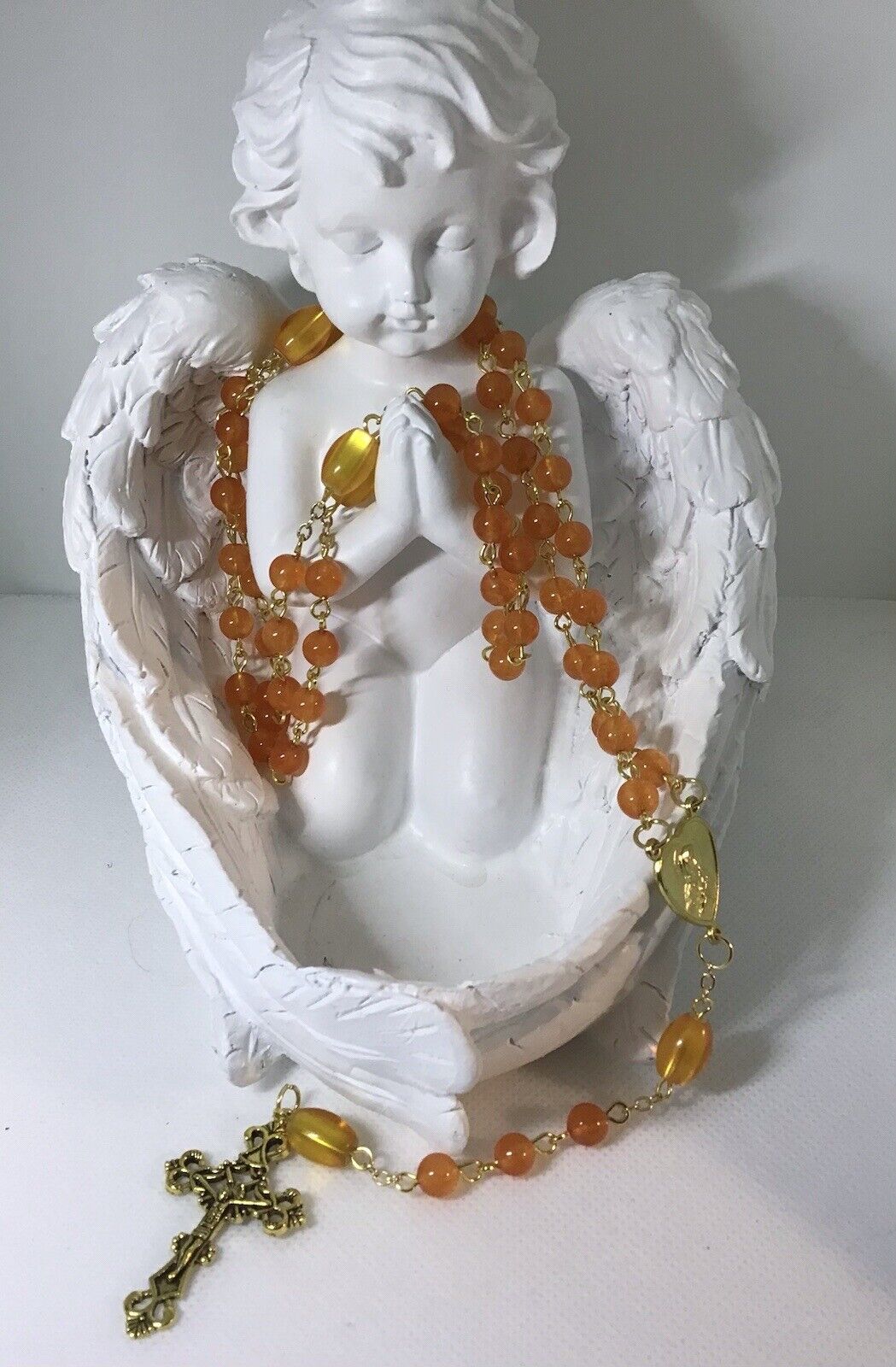 Stunning Bright Orange Jade Rosary With Gold Tone Ornate Cross