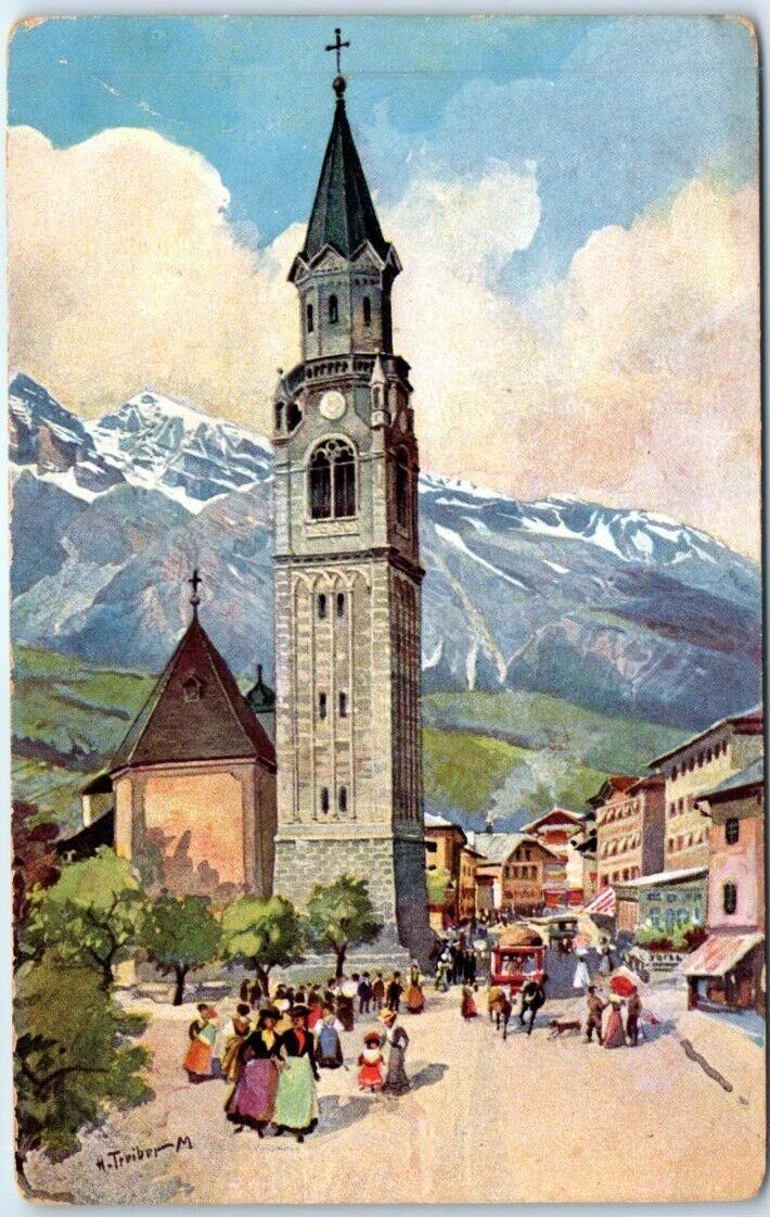 Postcard - Bell tower of Basilic St. Philip and James - Cortina D\'Ampezzo, Italy