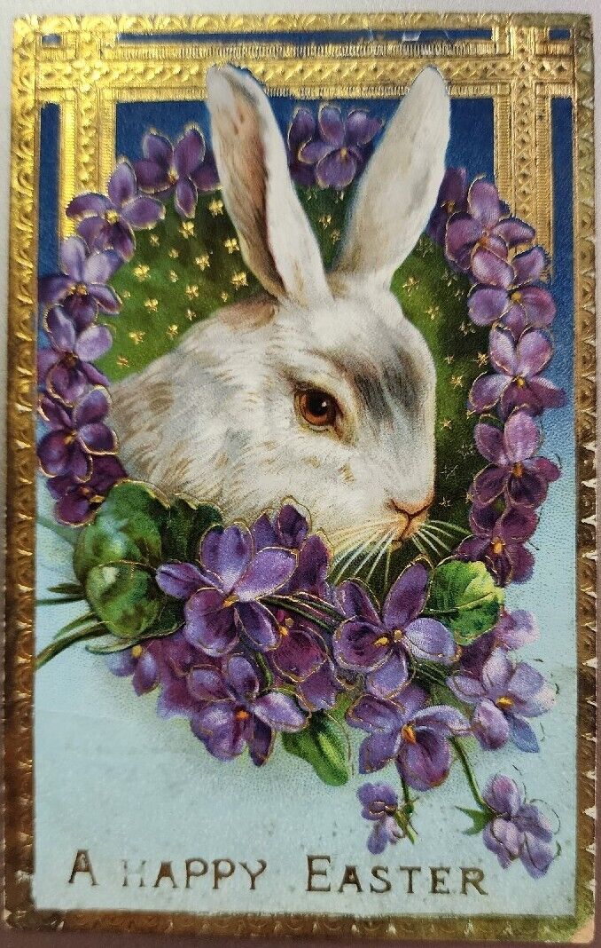 A Happy Easter, Rabbit & Flowers, Early 1900s Vintage Postcard