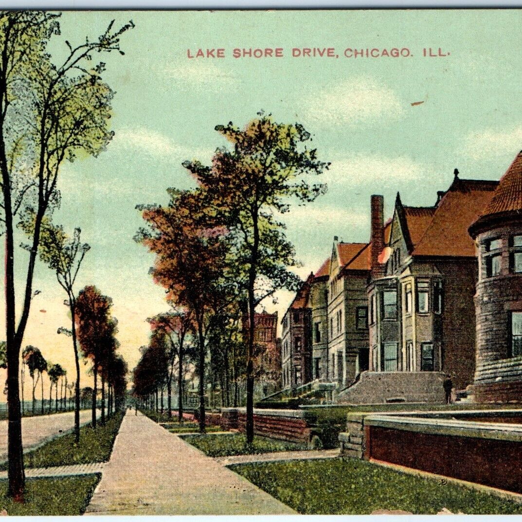 c1910s Chicago, IL Lake Shore Drive Litho Photo Residential Houses Postcard A60