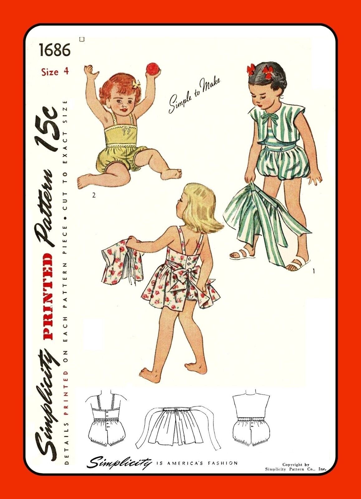 Childs SUNSUIT Skirt BOLERO Swimsuit Simplicity 1686 Vtg 1940\'s Sewing Pattern