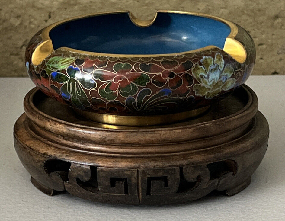 Stunning Antique Chinese Cloisonne Bowl with Carved Wooden Stand Vintage