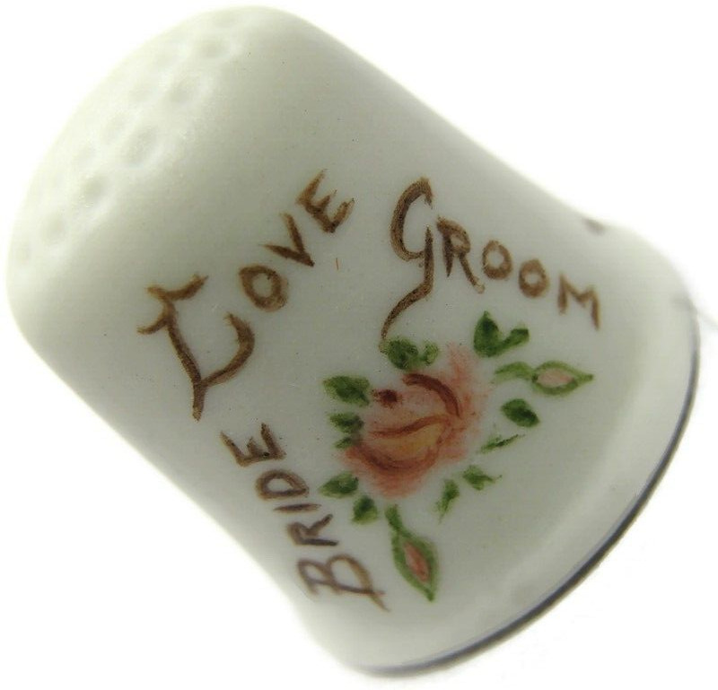 Ginnie\'s Love Bride Groom Wedding Hand Painted Porcelain Thimble Vintage