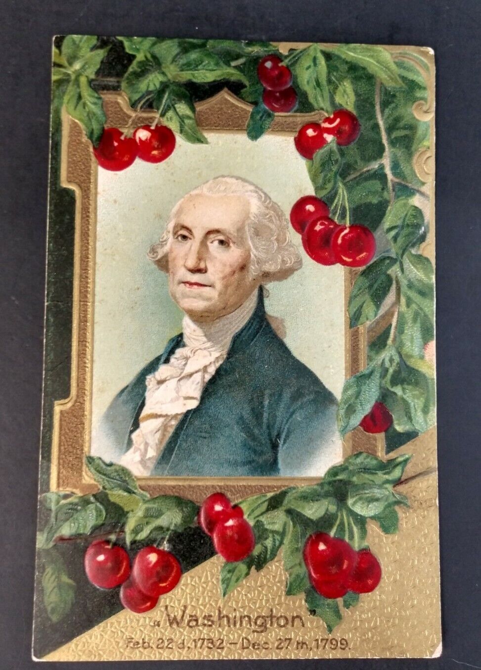 VTG ATQ George Washington Postcard Cherries Embossed Gold Trim Winsch Back