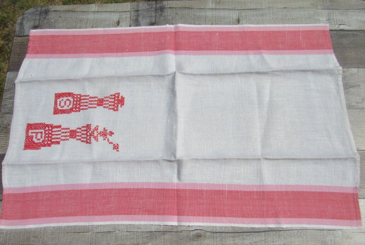 Vintage Linen Tea Kitchen Dish Towel Cross Stitch Embroidery Salt Pepper Stripe