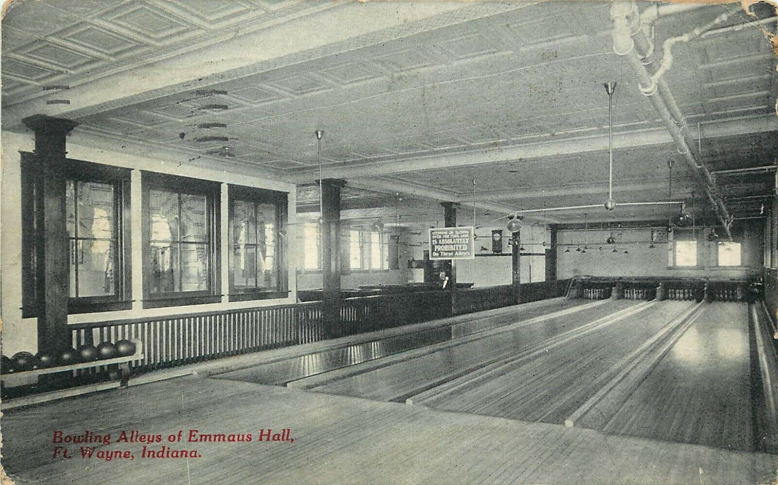 Vintage Postcard; Bowling Alleys, Emmaus Hall, Ft. Wayne IN Posted 1912