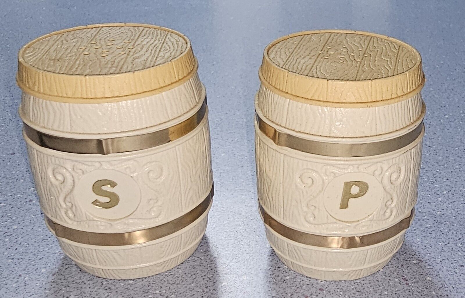 Vintage White Plastic Whisky Barrel Salt and Pepper Shakers