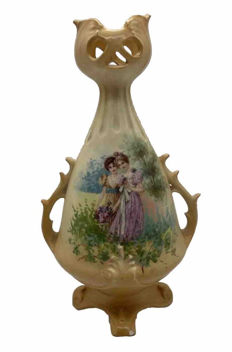 Antique Royal Austria Vase yellow hand painted floral Ladies Art Nouveau