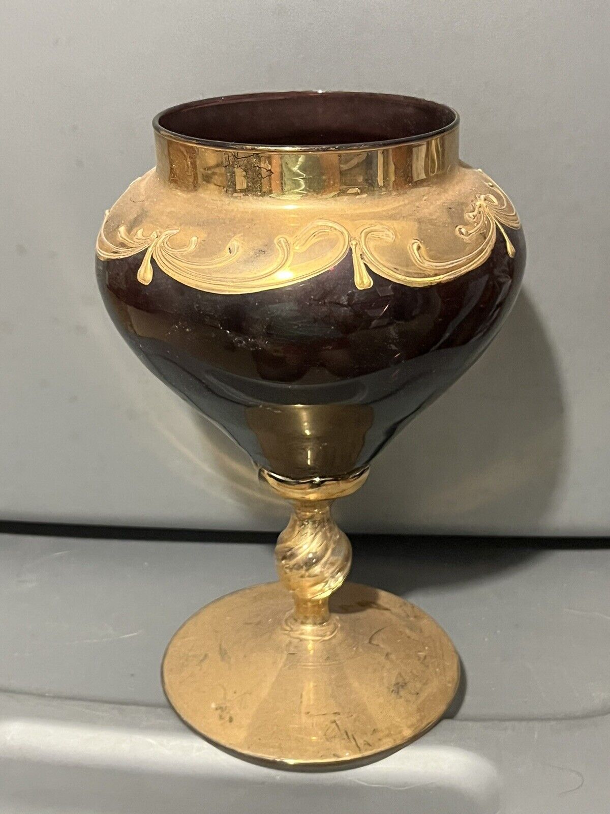 1960 Vtg Stunning Czech Bohemian Glass Dark Purple, Gold Gilt Pedestal Vase